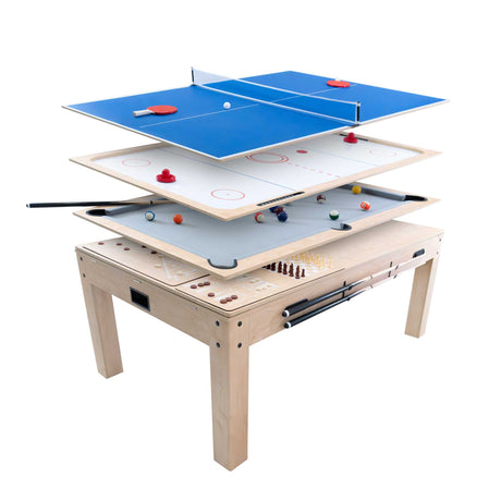 Tavolo multigioco 7-in-1 beige effetto legno, con piani di gioco impilabili per biliardo, ping pong, e altri giochi di società