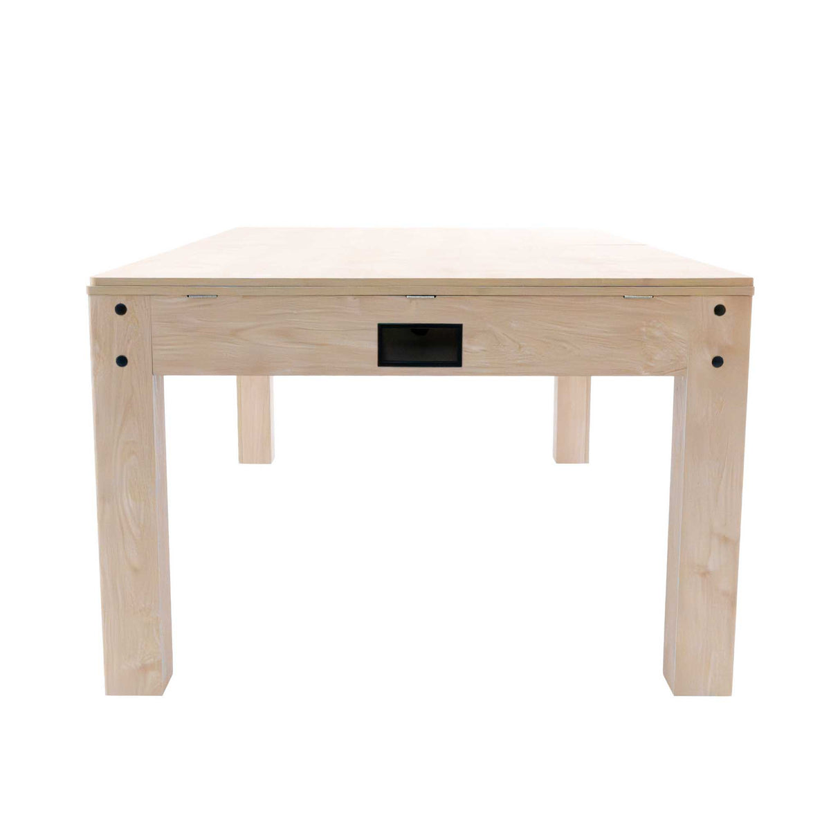 Tavolo multigioco 7-in-1 in legno beige, con superficie liscia e finitura effetto legno, dotato di cassetto centrale per riporre accessori