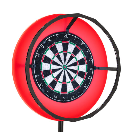 Anello LED rosso per bersaglio freccette, con illuminazione a 360°, circonda un bersaglio nero e bianco con numeri visibili