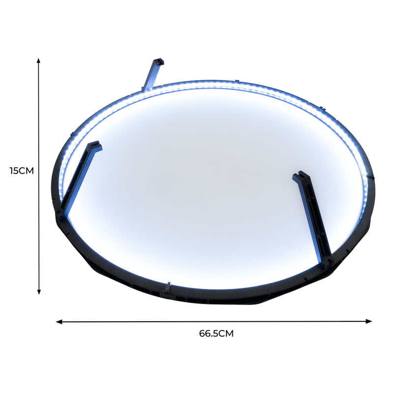 Anello luminoso circolare da 66,5 cm con luce LED bianca, spessore di 15 cm, supporti neri e design elegante per fotografia professionale
