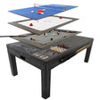 Tavolo multigioco 7-in-1 con finitura effetto legno grigio, mostra i vari piani per giochi come ping pong, biliardo e scacchi