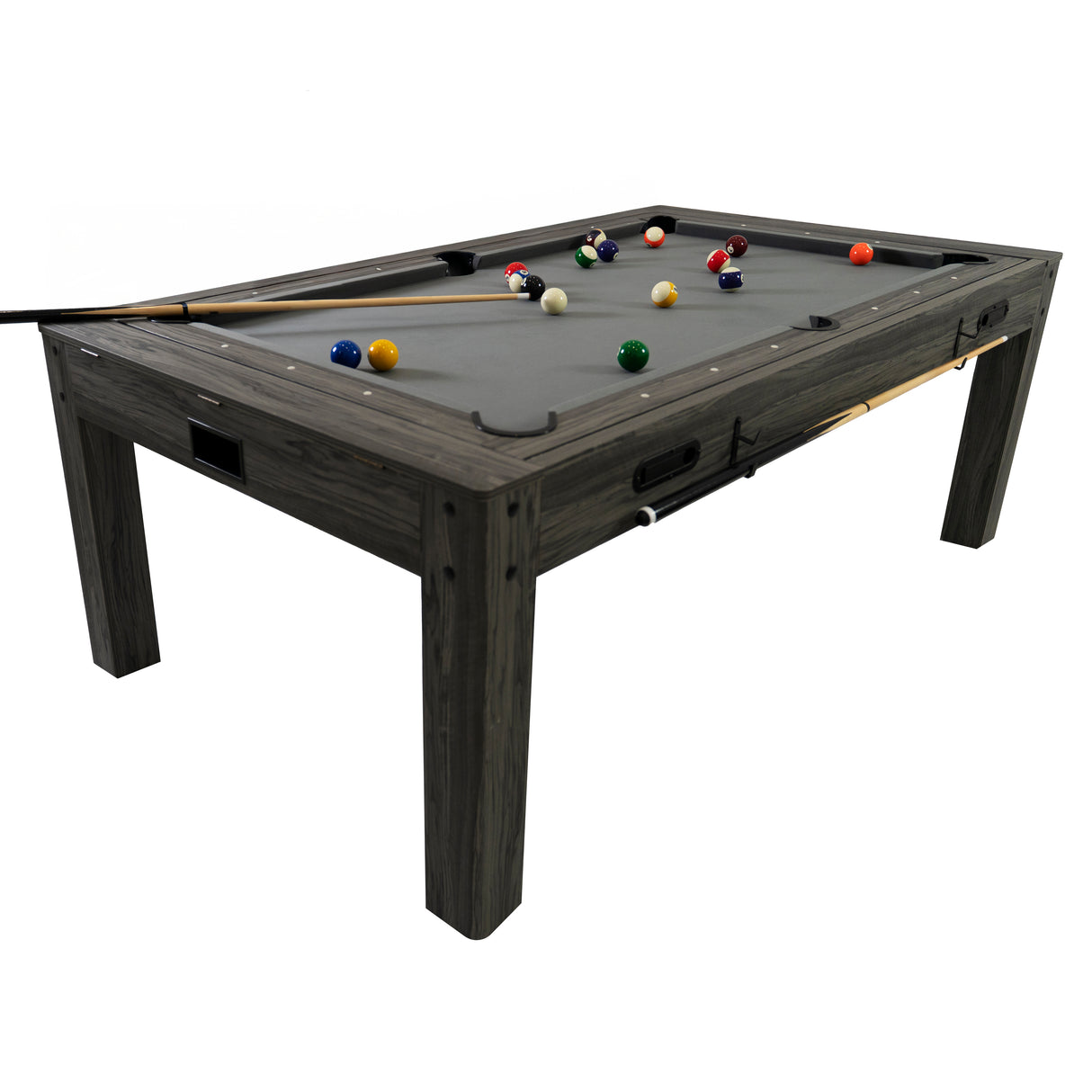 Tavolo multigioco 7-in-1 in legno grigio, con superficie di gioco in feltro grigio e palle colorate, design robusto e moderno