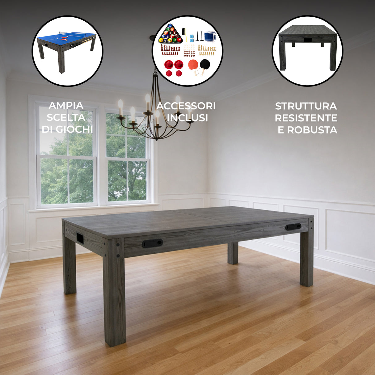 Tavolo multigioco 7-in-1 in legno grigio, superficie ampia, design robusto, ideale per diverse attività ricreative in casa
