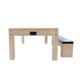 Tavolo multigioco 7-in-1 beige con panca contenitore, legno chiaro, superficie liscia e angoli arrotondati, design funzionale e moderno