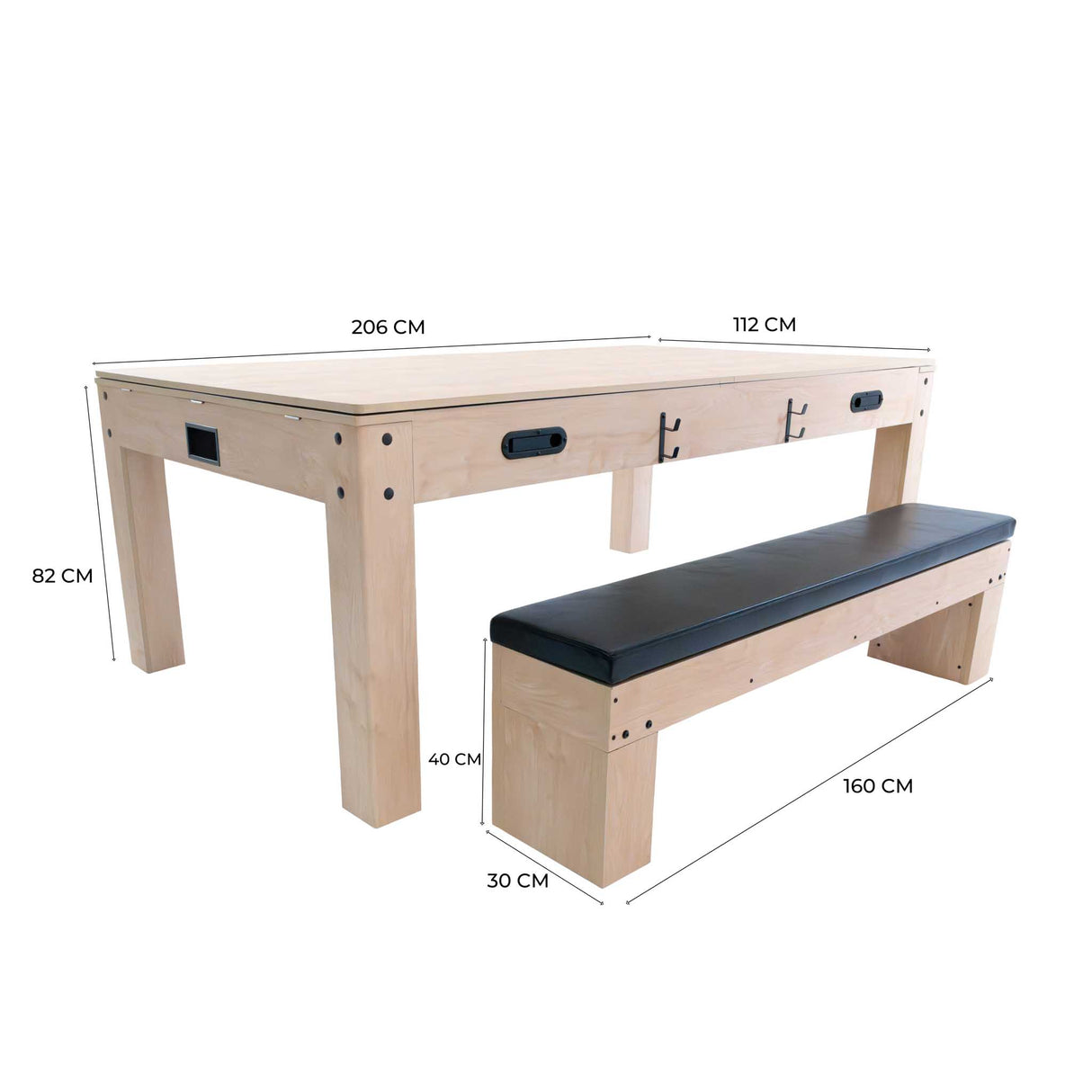 Tavolo multigioco beige 7-in-1 con panca contenitore, legno chiaro, superficie liscia, dimensioni 213 cm x 112 cm x 82 cm