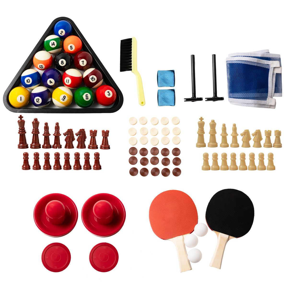 Tavolo multigioco grigio con panca contenitore, accessori per biliardo, scacchi, ping pong e giochi da tavolo, design versatile e pratico