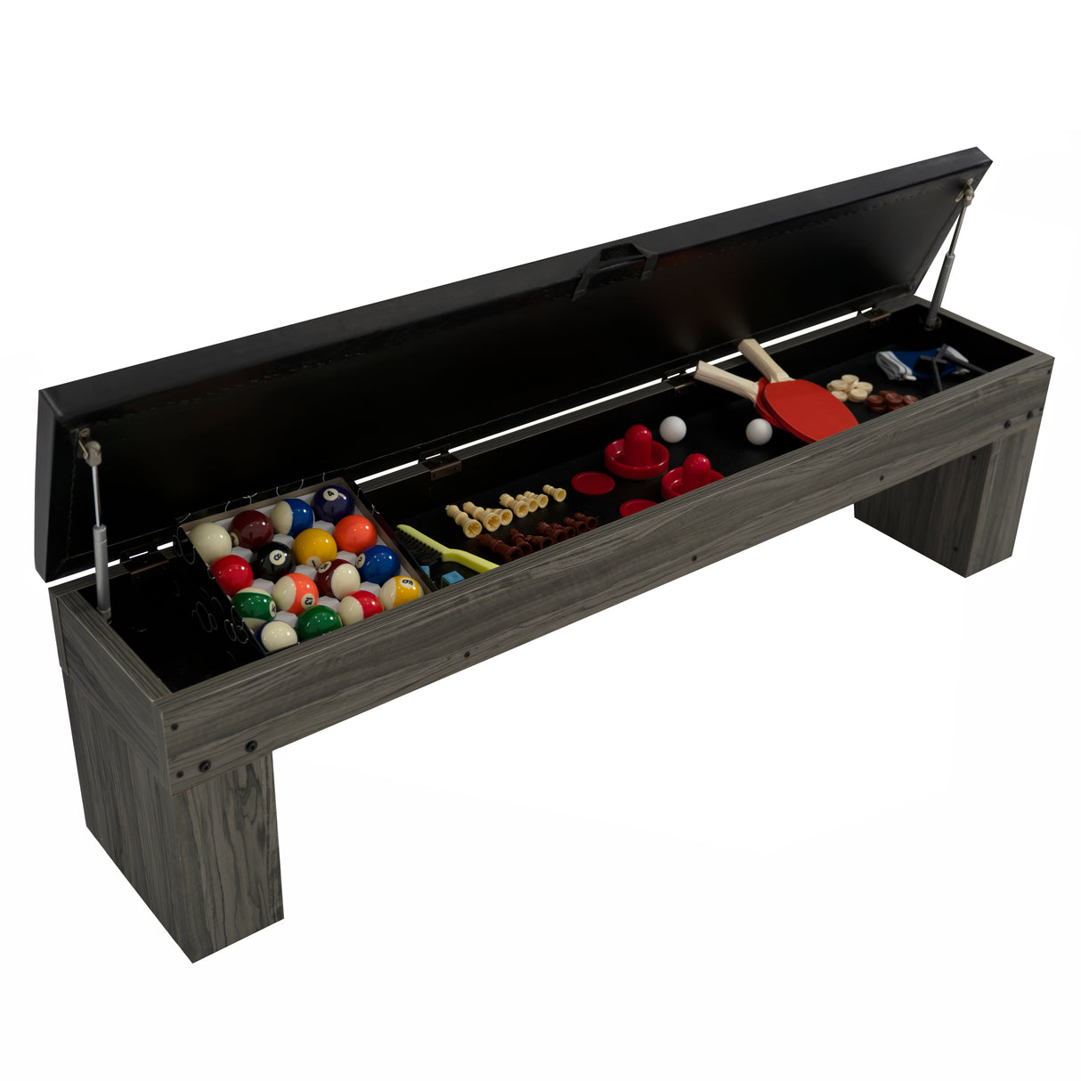Tavolo multigioco grigio con panca contenitore, apertura superiore per accedere a giochi colorati e accessori vari, design moderno e funzionale