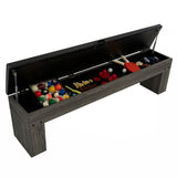 Tavolo multigioco grigio con panca contenitore, apertura superiore per accedere a giochi colorati e accessori vari, design moderno e funzionale