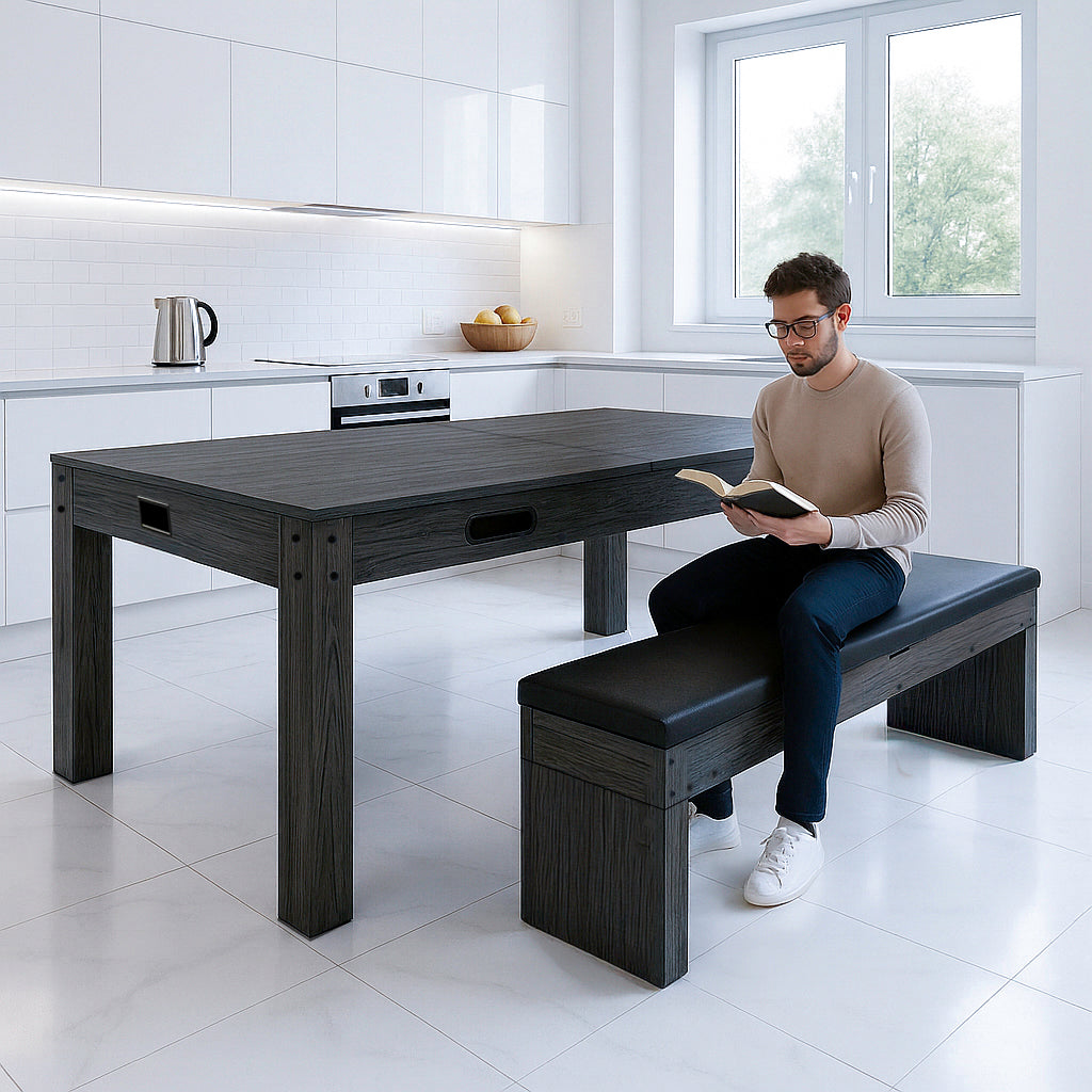 Tavolo multigioco grigio di 213 cm con panca contenitore, design moderno, finitura in legno, ideale per cucina e svago