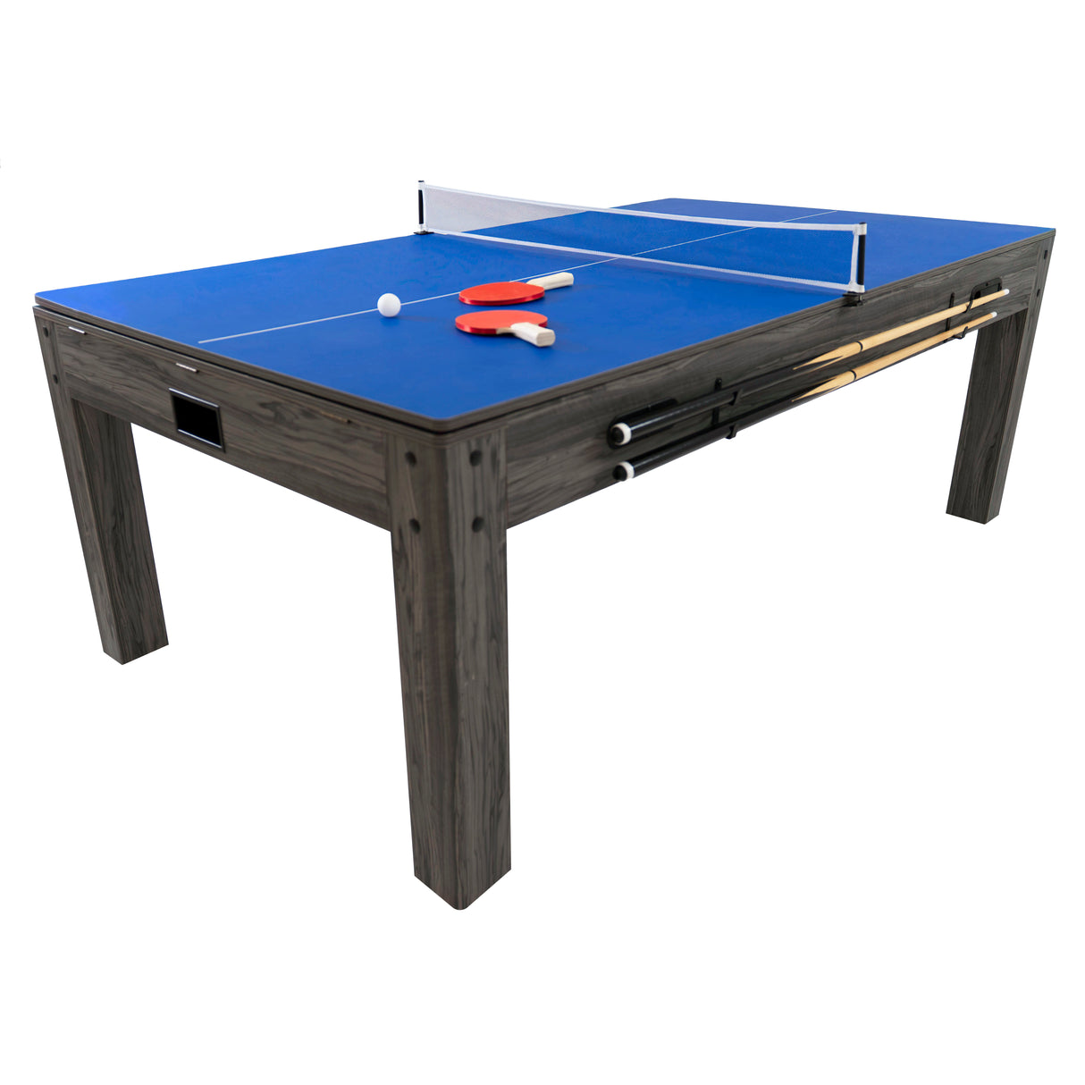 Tavolo multigioco 7-in-1 grigio con superficie blu, panca contenitore, racchette e palline, ideale per divertimento in famiglia