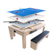 Tavolo giochi 7-in-1 beige con due panche contenitore, presenta piani di gioco per diversi sport e accessori colorati per il divertimento