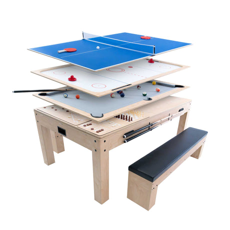 Tavolo giochi 7-in-1 beige con due panche contenitore, presenta piani di gioco per diversi sport e accessori colorati per il divertimento
