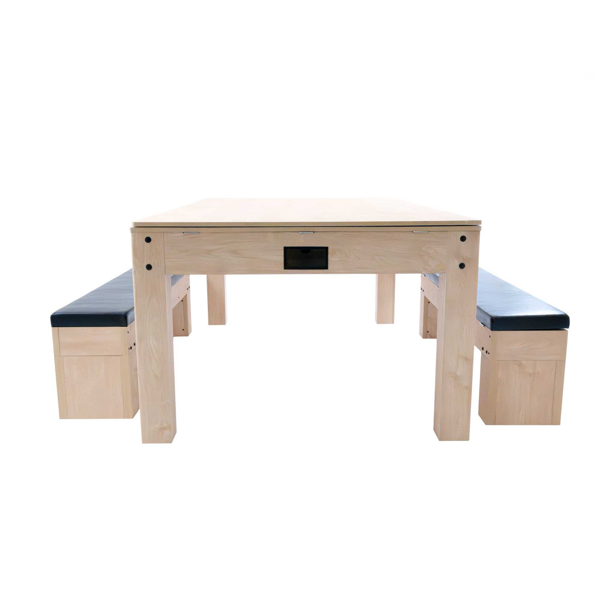 Tavolo giochi 7-in-1 beige con due panche contenitore, struttura in legno chiaro e sedute imbottite nere, design funzionale e moderno
