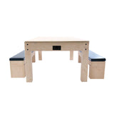 Tavolo giochi 7-in-1 beige con due panche contenitore, struttura in legno chiaro e sedute imbottite nere, design funzionale e moderno