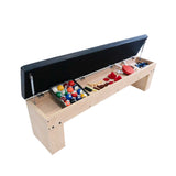 Tavolo giochi 7-in-1 beige con due panche contenitore, legno chiaro, coperchio nero, accessori colorati per vari giochi