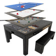 Tavolo giochi 7-in-1 grigio con piani di gioco estraibili, due panche contenitore e superficie in legno effetto moderno e resistente