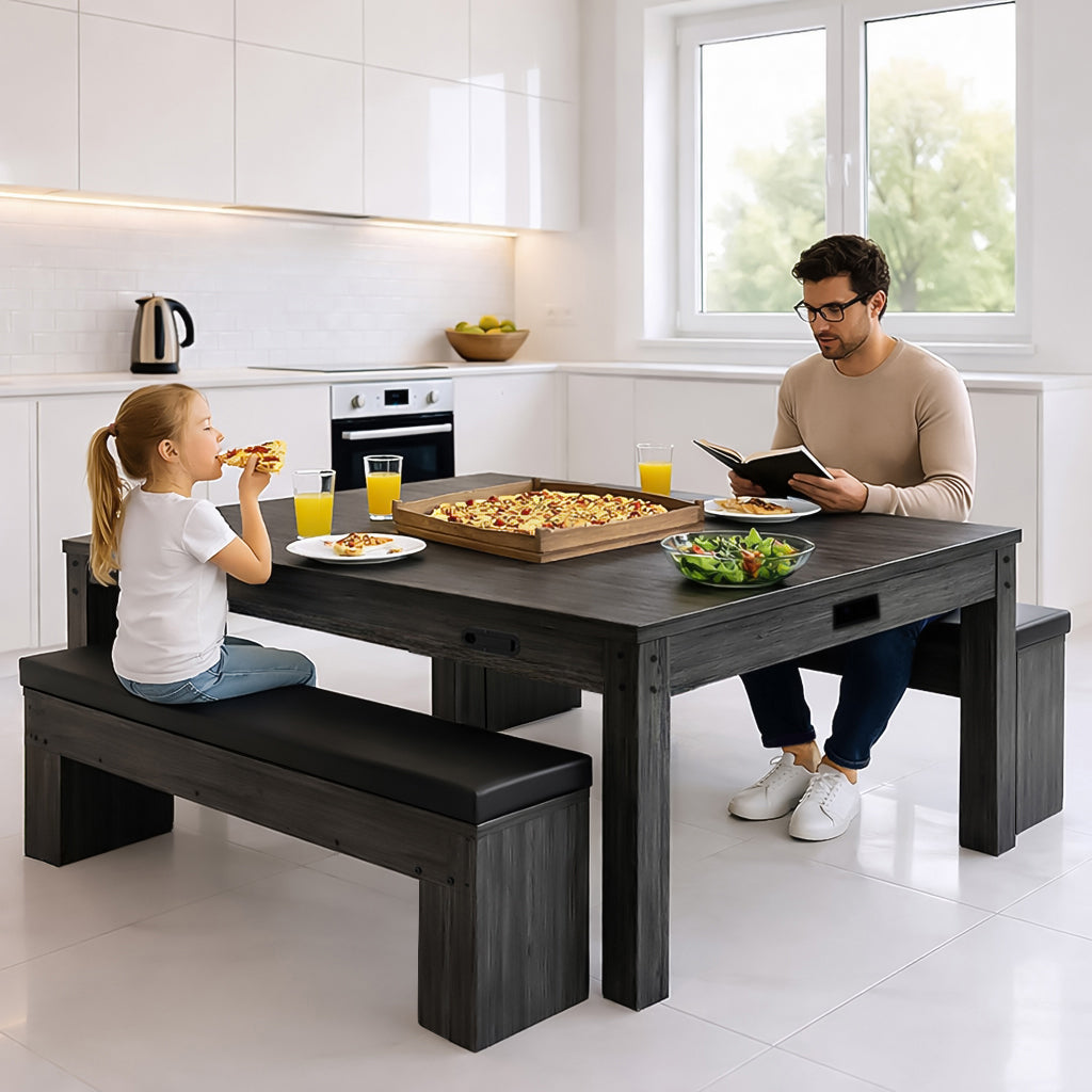 Tavolo giochi 7-in-1 grigio con due panche contenitore, ideale per pasti e divertimento in famiglia, con finitura elegante e moderna