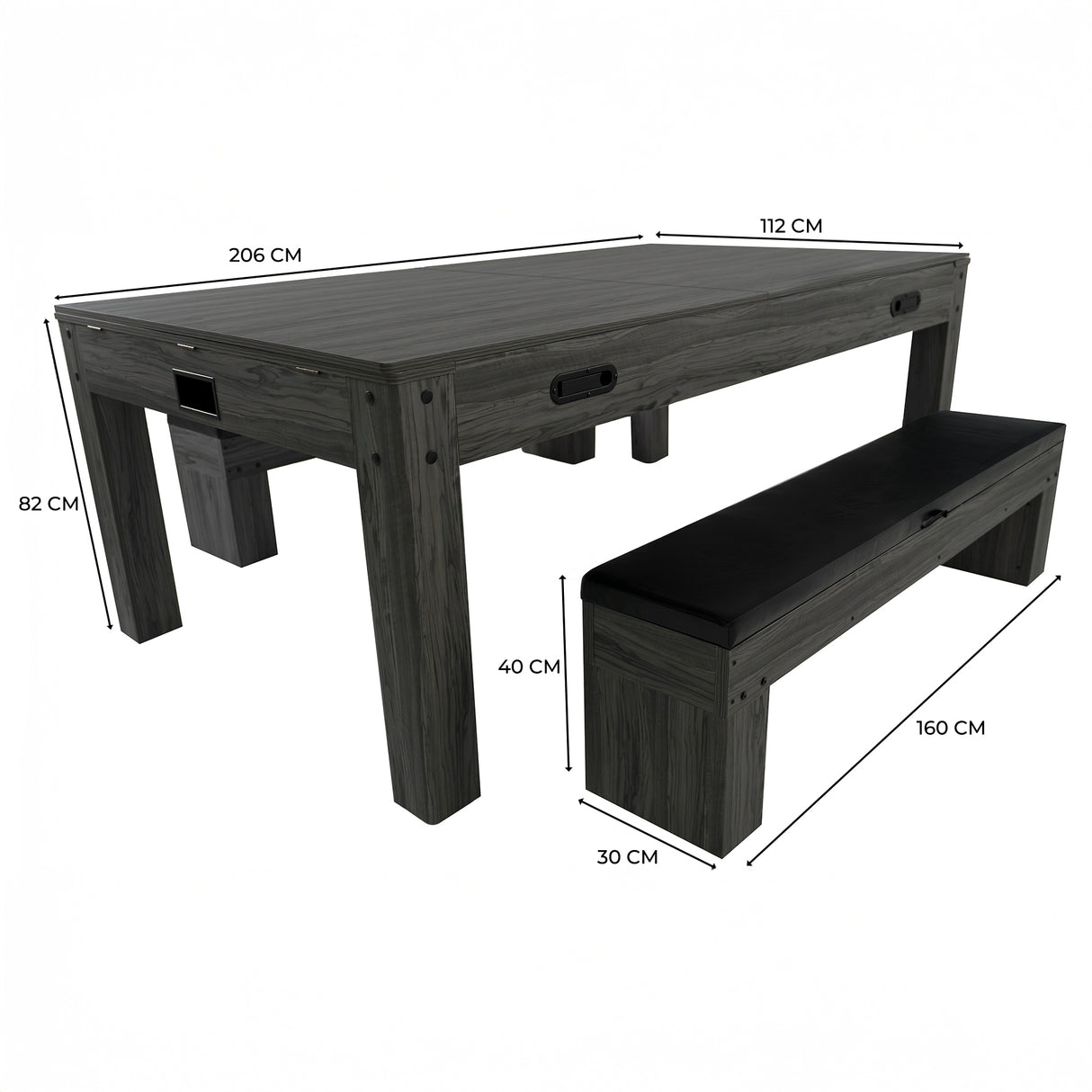 Tavolo giochi 7-in-1 grigio con due panche contenitore, legno effetto naturale, dimensioni 206x112 cm, design moderno e funzionale