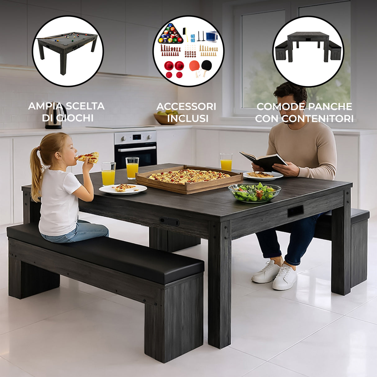 Tavolo giochi 7-in-1 grigio con due panche contenitore, superficie liscia, ideale per famiglie, giochi e pasti insieme