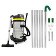 Aspiratore industriale 50L in acciaio inox con tubi di pulizia grondaie, accessori in plastica verde e attacchi metallici per solidi e liquidi