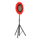 Bersaglio per freccette professionale con supporto treppiede nero e bordo rosso, ideale per giochi e competizioni di precisione