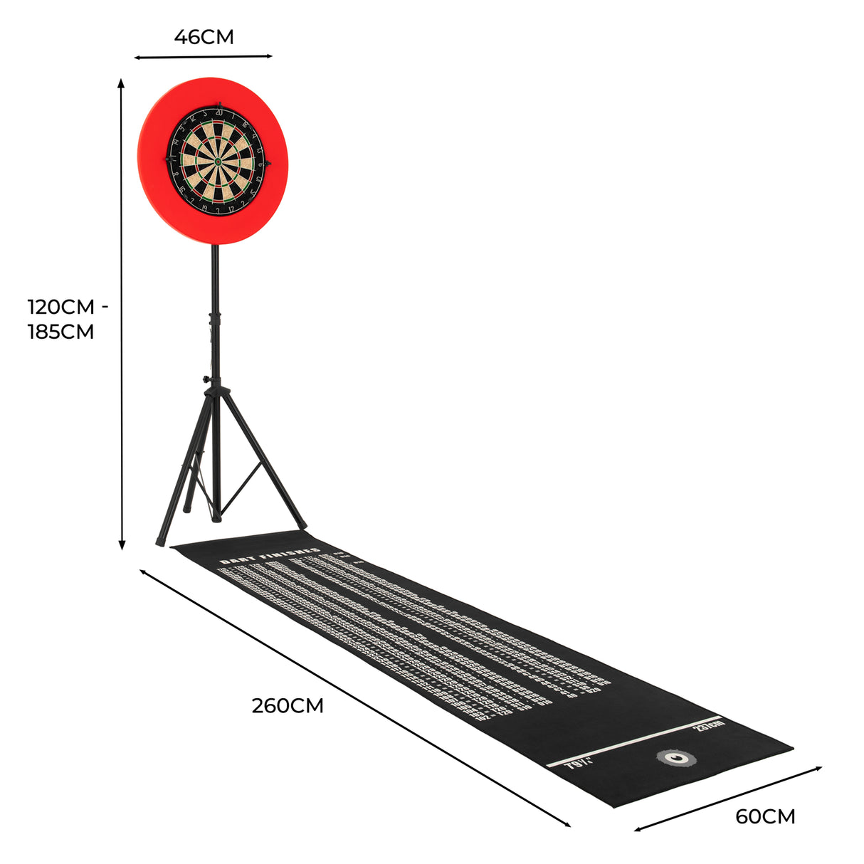 Set bersaglio per freccette con supporto treppiede nero, superficie rossa e accessori, ideale per giochi professionali e divertimento