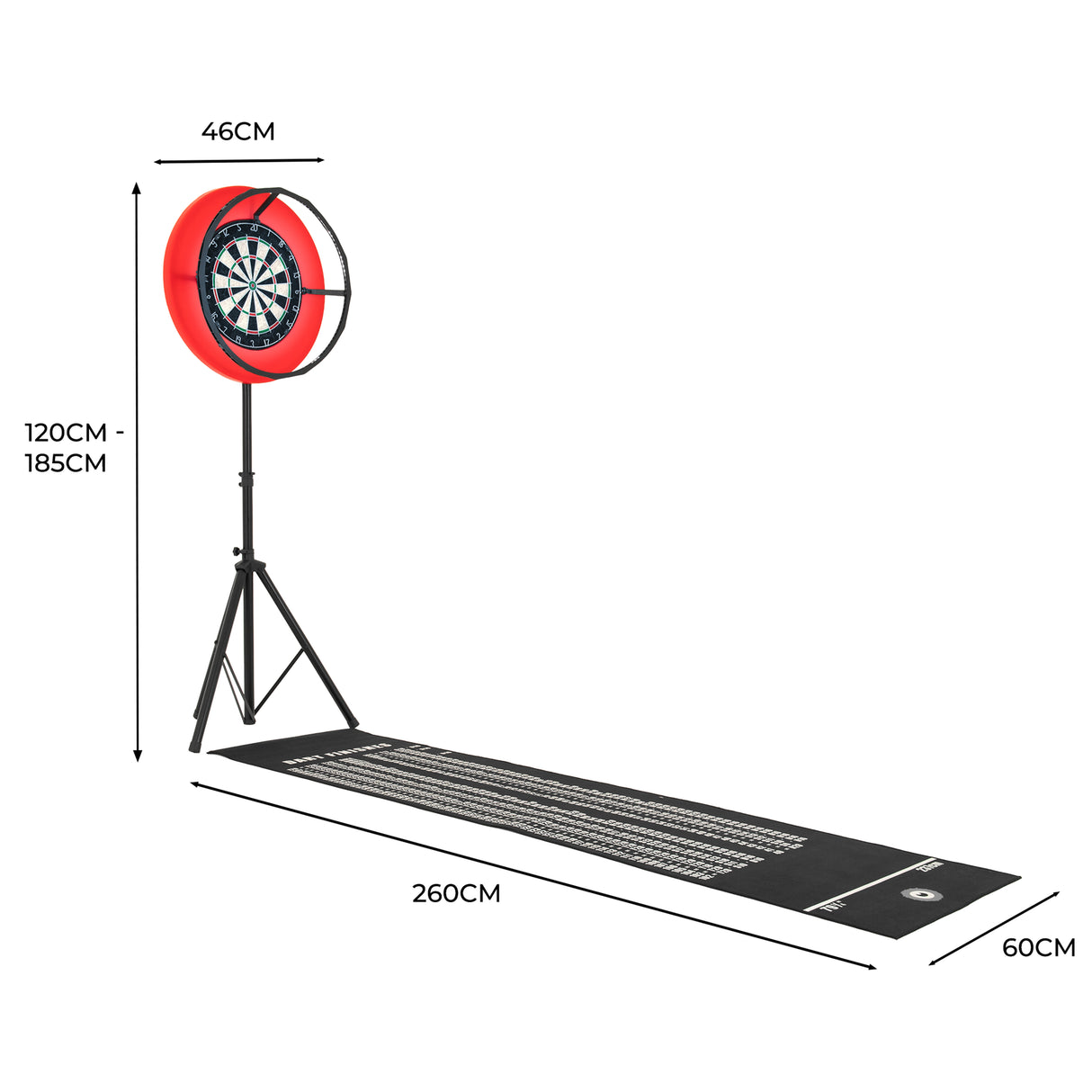 Set bersaglio freccette con illuminazione LED, struttura nera, bersaglio circolare verde e bianco, tappeto di lancio nero lungo 260 cm