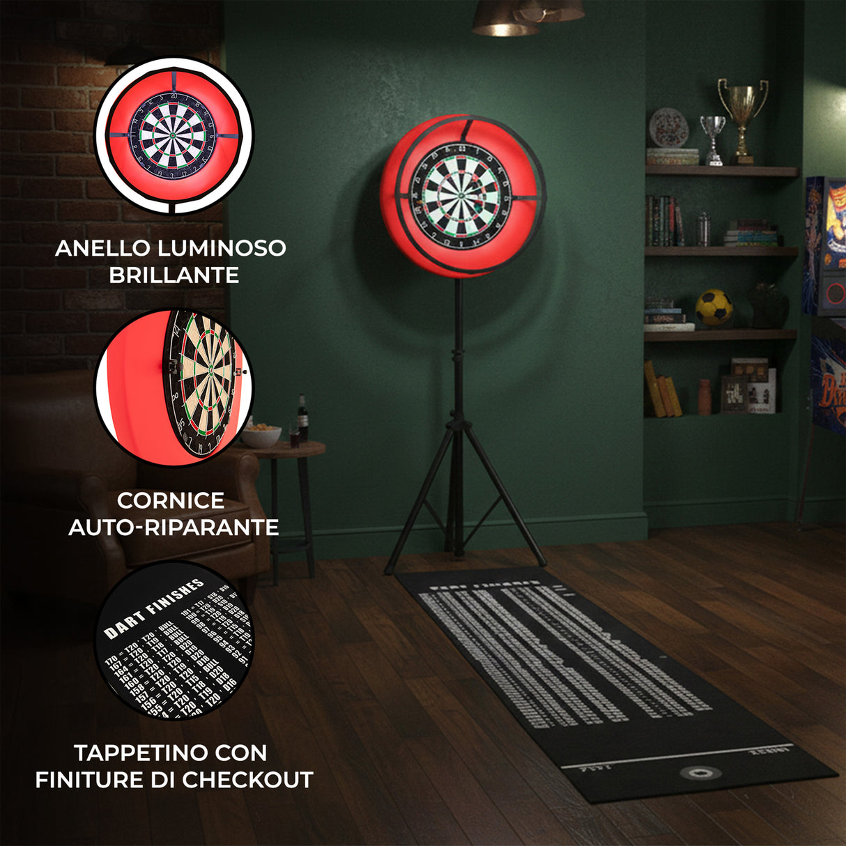 Set di freccette con bersaglio LED rosso brillante, cornice auto-riparante e tappetino con istruzioni, su sfondo verde scuro