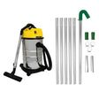 Aspiratore industriale 30L in acciaio inox con accessori, tubi metallici e bocchette per pulizia di solidi e liquidi