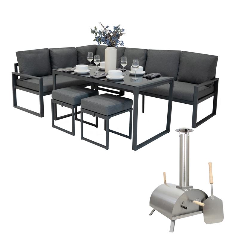 Set Divano Angolare da Giardino in Alluminio con Forno Pizza da Tavolo - Grigio Antracite