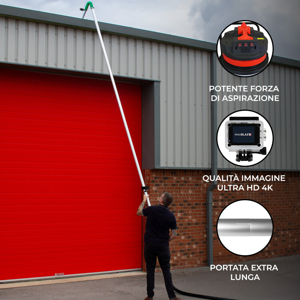 Aspiratore 90L umido/secco con aste 7,2m, tubo 5m e telecamera 4K