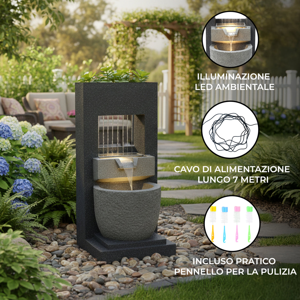 Fontana da Giardino Elettrica LED Pompa Cascade Springs