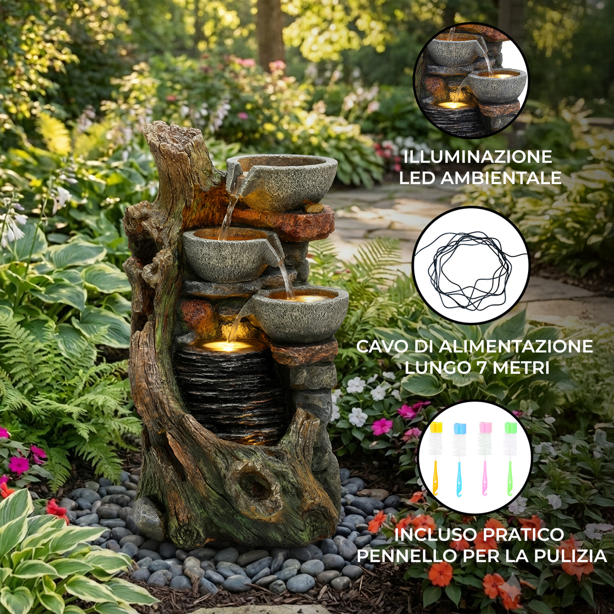Fontana da Giardino Elettrica Cascata LED Pompa Rustic Brook