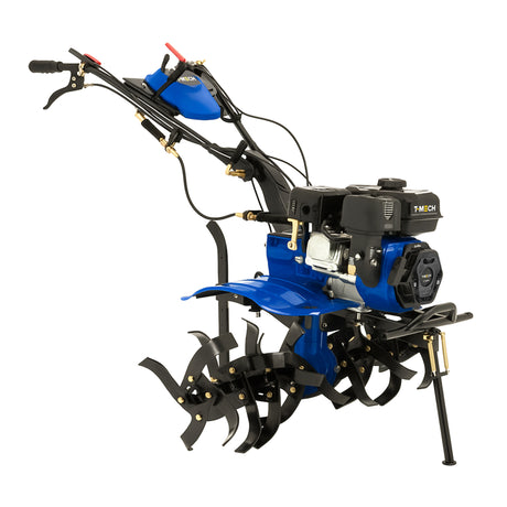 Motozappa a benzina 7,5HP 212cc, struttura robusta blu, lame nere affilate, manubrio ergonomico e motore potente per lavorazioni professionali