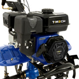 Motozappa a benzina professionale 7,5HP, motore 212cc, struttura robusta blu e nera, design ergonomico per lavorare il terreno con facilità