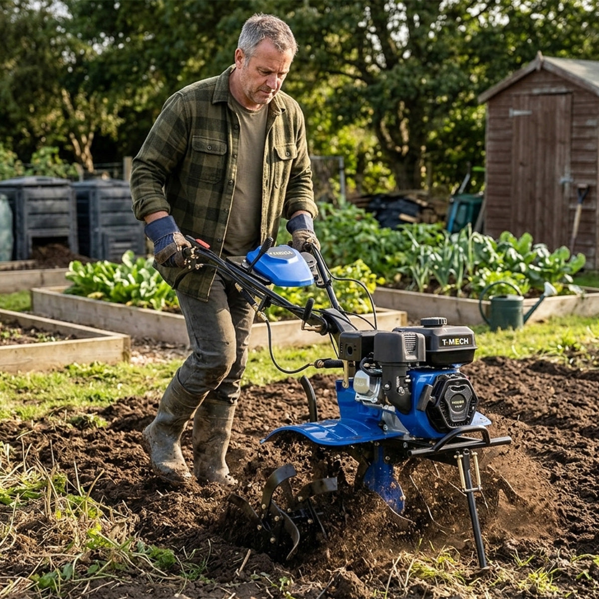 Motozappa a benzina 7,5HP 212cc, uomo in giardino, terreno lavorato, struttura robusta, manico ergonomico, colori blu e nero