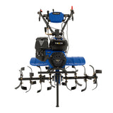 Motozappa a benzina professionale 7,5HP 212cc, con struttura blu e nera, lame affilate e manubrio ergonomico per un uso facile e preciso