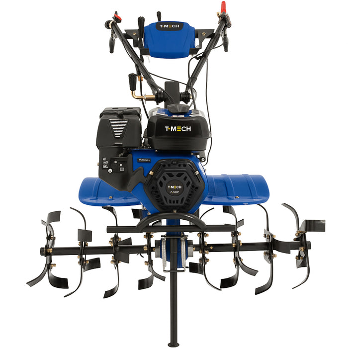 Motocoltivatore T-MECH blu e nero con manubrio ergonomico e lame affilate per lavorare il terreno in modo efficiente e preciso