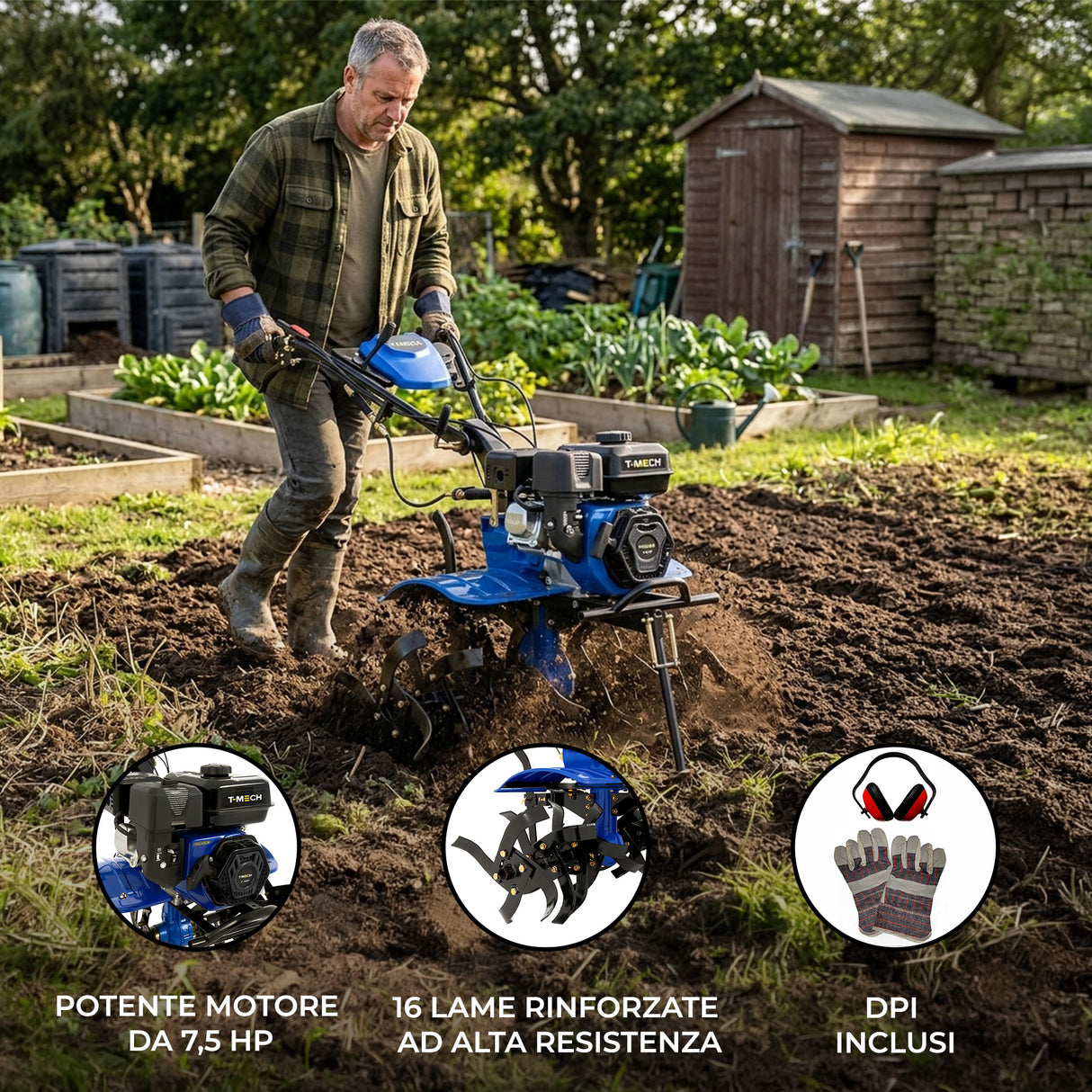 Motozappa a benzina 7,5HP con motore robusto, lame blu rinforzate, uomo che lavora il terreno in un giardino fertile e ben curato