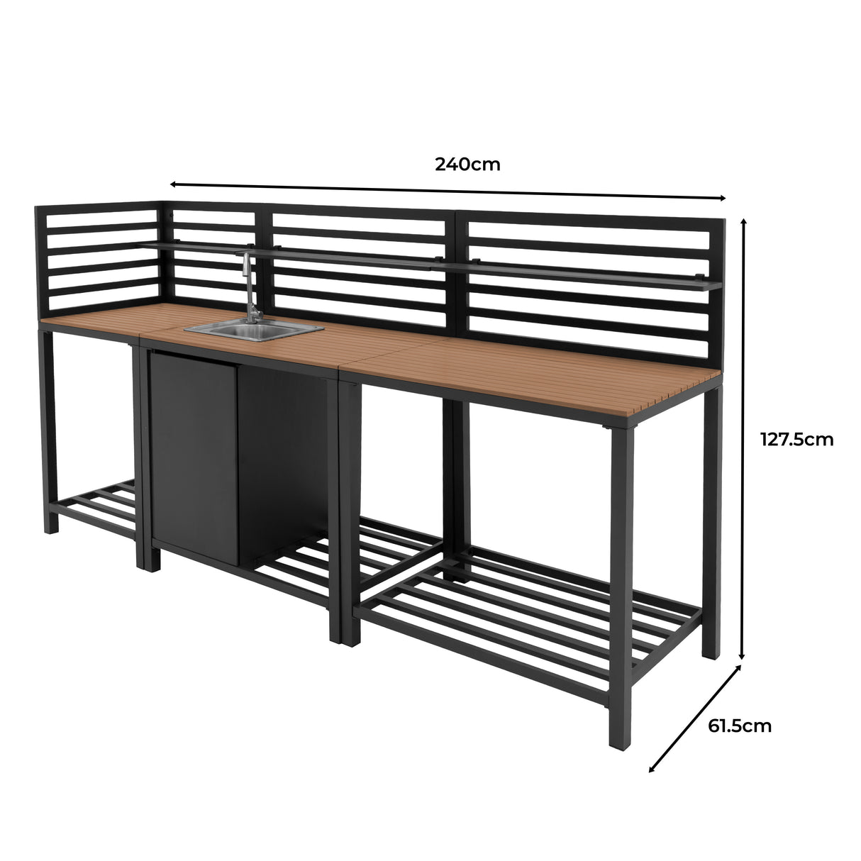 Set Cucina da Esterno 3 Pezzi in Alluminio e Legno con Lavello Modulare