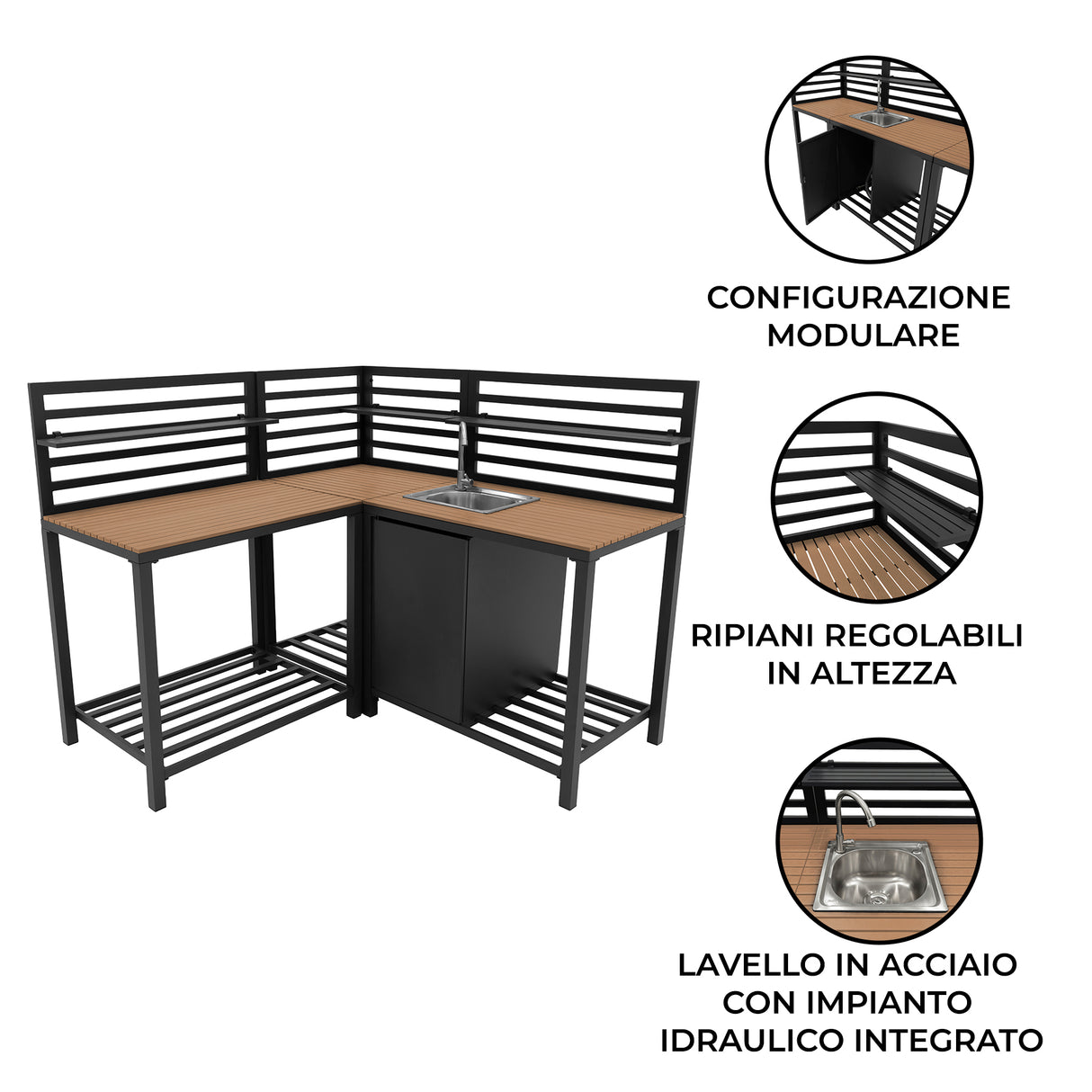 Set Cucina da Esterno 3 Pezzi in Alluminio e Legno con Lavello Modulare