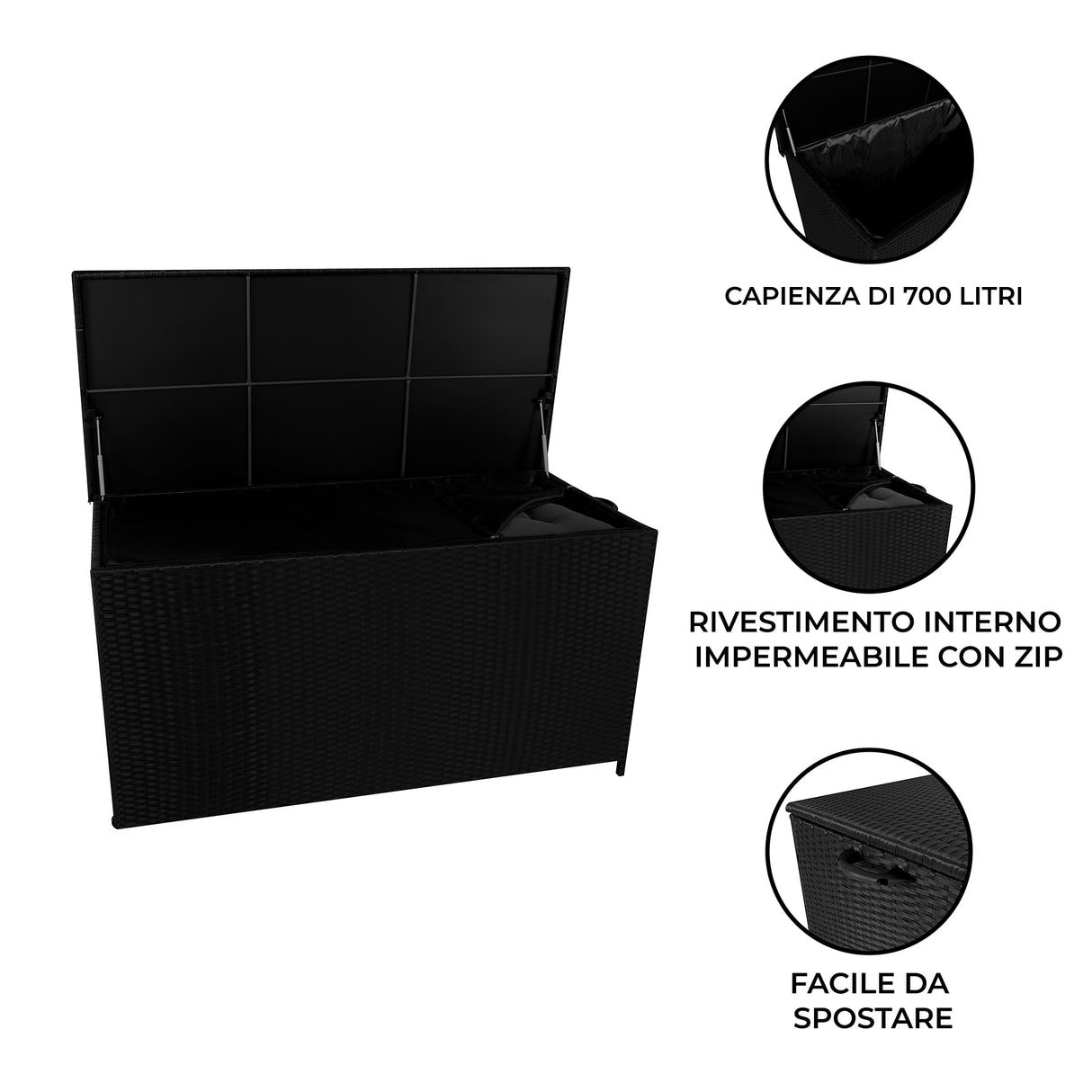 Box Contenitore in Rattan 700L per Cuscini - Nero