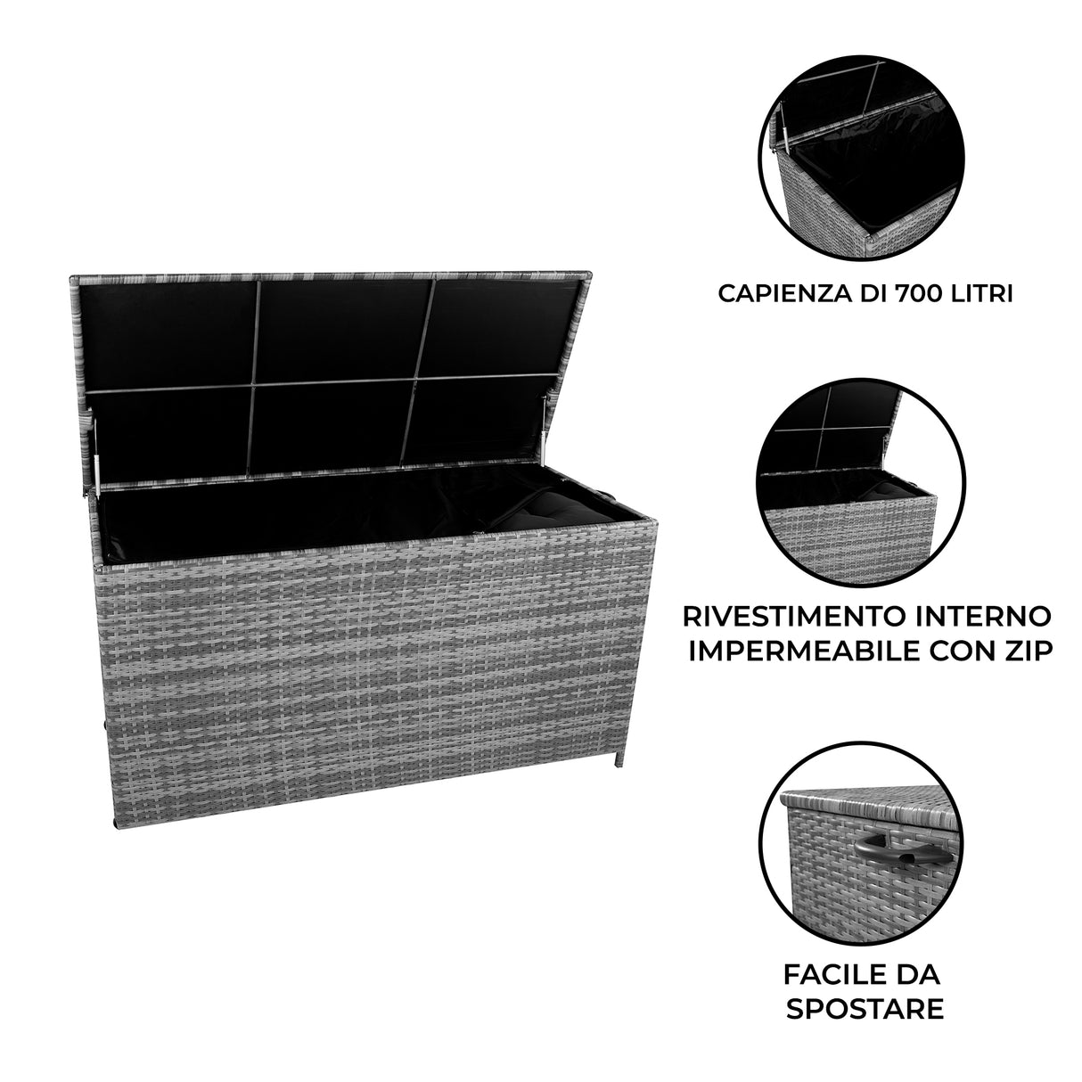 Box Contenitore in Rattan 700L per Cuscini - Grigio