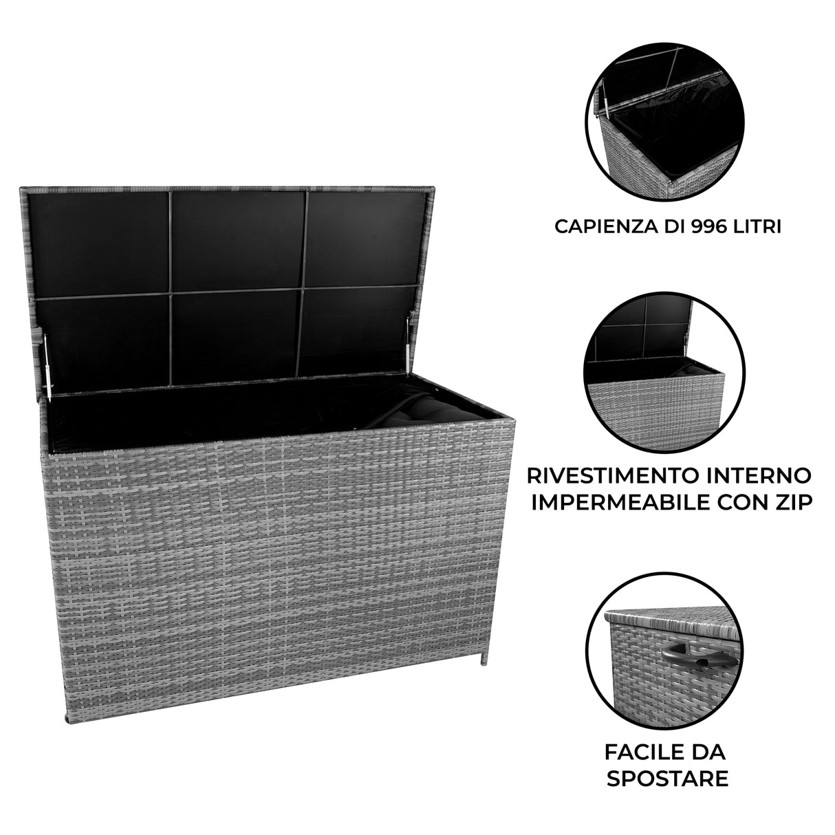 Box Contenitore in Rattan 996L per Cuscini - Grigio