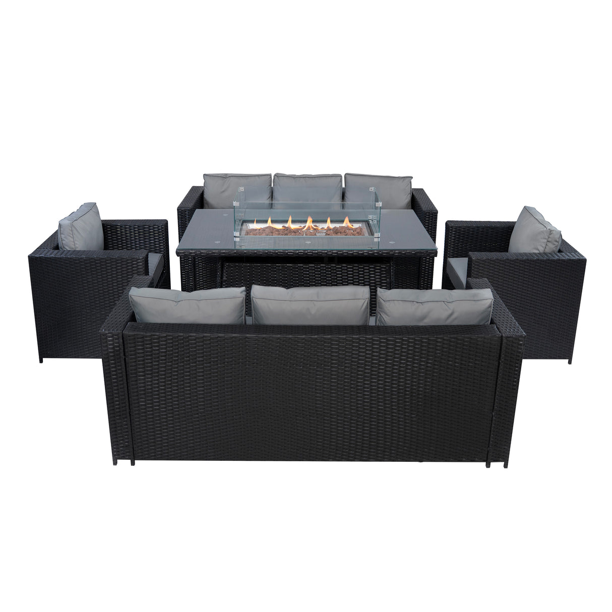 Set Mobili da Giardino in Rattan 8 Posti con Tavolo Firepit – Nero