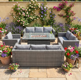 Set Mobili da Giardino in Rattan 8 Posti con Tavolo Firepit – Grigio