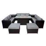 Set Mobili da Giardino in Rattan 11 Posti con Tavolo Firepit – Nero