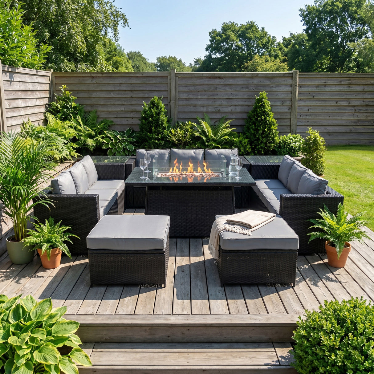 Set Mobili da Giardino in Rattan 11 Posti con Tavolo Firepit – Nero