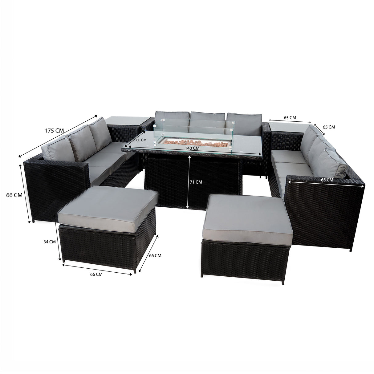 Set Mobili da Giardino in Rattan 11 Posti con Tavolo Firepit – Nero