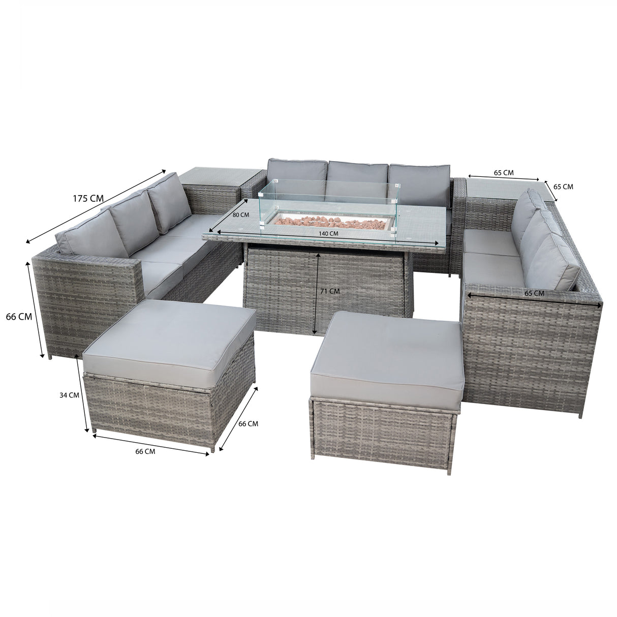 Set Mobili da Giardino in Rattan 11 Posti con Tavolo Firepit – Grigio